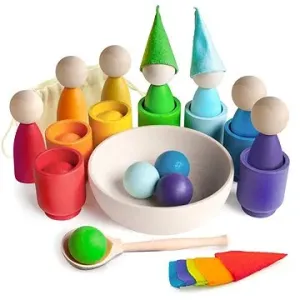 Ulanik Montessori dřevěná hračka „Rainbow: Peg Dolls in Cups with Hats and Balls?