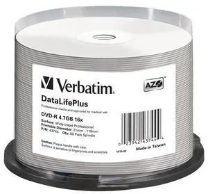 VERBATIM DVD-R(50-Pack)Spindle/Printable/16x/4.7GB/WIDE PRINTABLE SURFACE NON-ID #279084