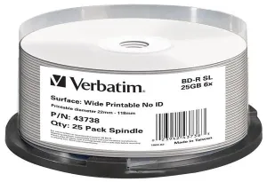 VERBATIM BD-R(25-pack)Blu-Ray/spindle/6x/25GB/Printable/No ID #1673405