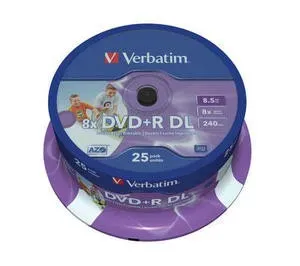 VERBATIM DVD+R(25-pack)/Spindle Double Layer 8X 8.5GB Inkjet Printable #1673414