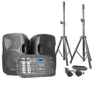 Vexus PSS302, přenosný PA audio systém, 300 W max., bluetooth, USB, SD, MP3, 2x stativ, 1x mikrofon