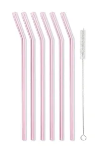 Vialli Design Skleněné brčko růžové, zahnuté 230 mm, 6 ks + kartáček, 6636