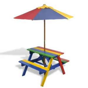 Dětský piknikový stůl, lavičky a slunečník vícebarevný dřevo