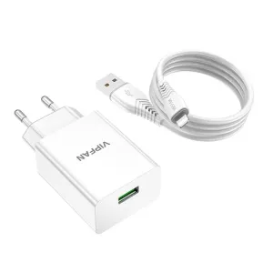 Síťová nabíječka Vipfan E03, 1x USB, 18W, QC 3.0 + Lightning kabel (bílá)