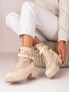 Designové dámské  kotníčkové boty hnědé na širokém podpatku #601322