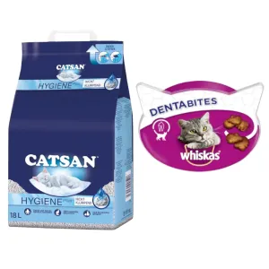 Catsan Hygiene Plus stelivo + Whiskas snack - 15 % sleva - 18 l + Dentabites kuřecí 40 g #5074010