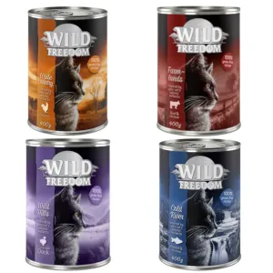 Wild Freedom 12 x 400 g + granule 400 g za skvělou cenu - Smíšené balení II (2 x kuřecí, 2 x treska, hovězí, kachní) + Adult 