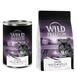 Wild Freedom 12 x 400 g + granule 400 g za skvělou cenu - Wild Hills Sterilised – kachna a kuře + Adult 