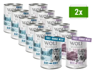 Wolf of Wilderness konzervy, 12 x 400 g - 10 + 2 zdarma - Junior Wild Hills - kachní a telecí z volného chovu