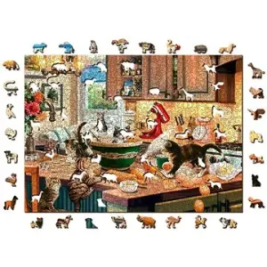 Woden City Dřevěné puzzle Neposedná koťátka v kuchyni 2v1, 1010 dílků eko