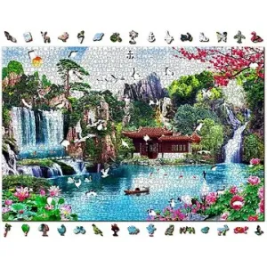 Woden City Dřevěné puzzle Vodopády v japonské zahradě 2v1, 2000 dílků eko