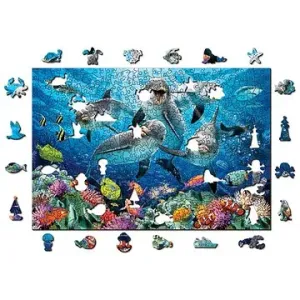 Woden City Dřevěné puzzle Šťastní delfíni 2v1, 505 dílků eko