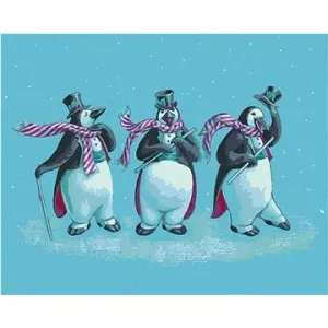Tři tučňáci s klobouky (Sue Ellen Brown), 80×100 cm, vypnuté plátno na rám