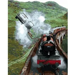 Harry Potter visí z letícího auta a Bradavický express, 40×50 cm, bez rámu a bez vypnutí plátna