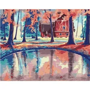 Červený dům v lese s magickým jezerem, 40×50 cm, vypnuté plátno na rám
