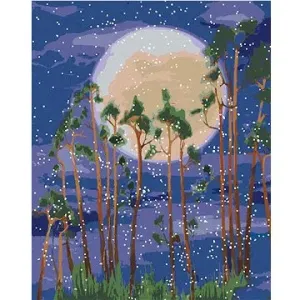 Měsíc za stromy v lese, 40×50 cm, bez rámu a bez vypnutí plátna