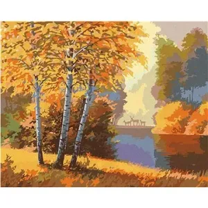 Podzimní les s řekou a jeleny, 40×50 cm, bez rámu a bez vypnutí plátna