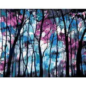 Temný les s modrofialovou oblohou, 80×100 cm, vypnuté plátno na rám