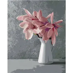 Růžové magnólie v bílé keramické váze, 40×50 cm, bez rámu a bez vypnutí plátna