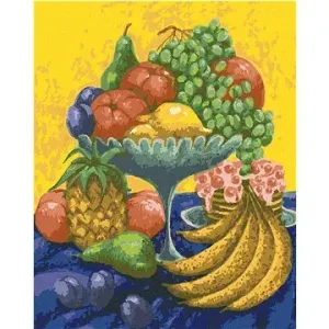 Zátiší s ovocem na žlutomodrém pozadí, 40×50 cm, vypnuté plátno na rám