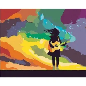 Dívka hrající na kytaru s barevným kouřem, 80×100 cm, vypnuté plátno na rám