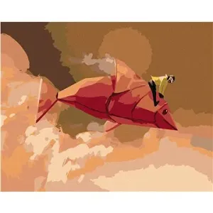 Dívka na červené rybě z origami, 40×50 cm, bez rámu a bez vypnutí plátna