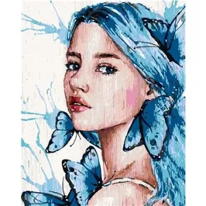 Dívka s modrými vlasy a motýly, 80×100 cm, vypnuté plátno na rám