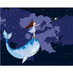 Dívka s velrybou na noční obloze, 80×100 cm, vypnuté plátno na rám