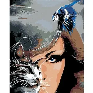 Malování podle čísel - Žena kočka a modrý ptáček