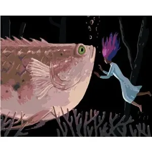 Žena s obří růžovou rybou, 40×50 cm, bez rámu a bez vypnutí plátna