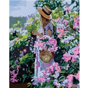 Žena v klobouku u květin, 40×50 cm, bez rámu a bez vypnutí plátna