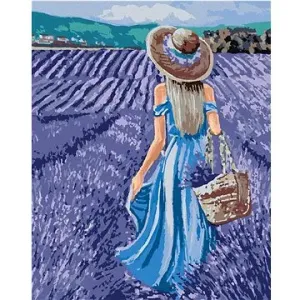 Žena v modrých šatech v levandulovém poli, 80×100 cm, bez rámu a bez vypnutí plátna
