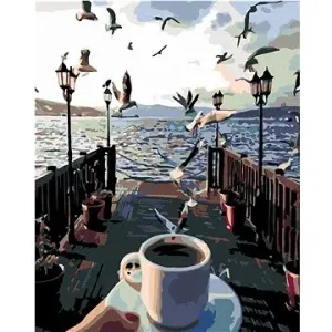 Malování podle čísel - Šálek kávy a rackové nad mořem