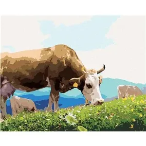 Kráva na pastvě u hor, 40×50 cm, bez rámu a bez vypnutí plátna