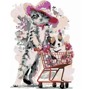 Malování podle čísel - Kotě a štěně v nákupním košíku