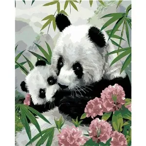 Malování podle čísel - Panda s mládětem a růžové květy (Howard Robinson)
