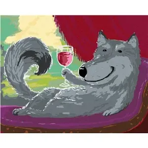 Šedý vlk na pohovce se sklenkou vína, 80×100 cm, vypnuté plátno na rám
