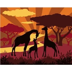 Žirafí rodina při západu slunce, 40×50 cm, bez rámu a bez vypnutí plátna