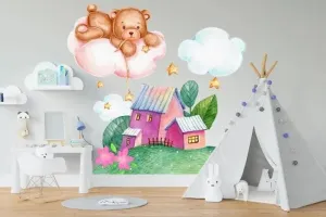 Nálepka na zeď pro děti pohádkový domeček a medvídek