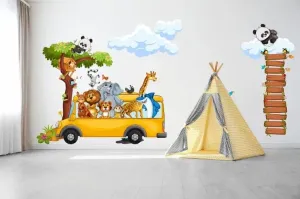 Nálepka na zeď pro děti veselé safari zvířátka v autobuse #5220261